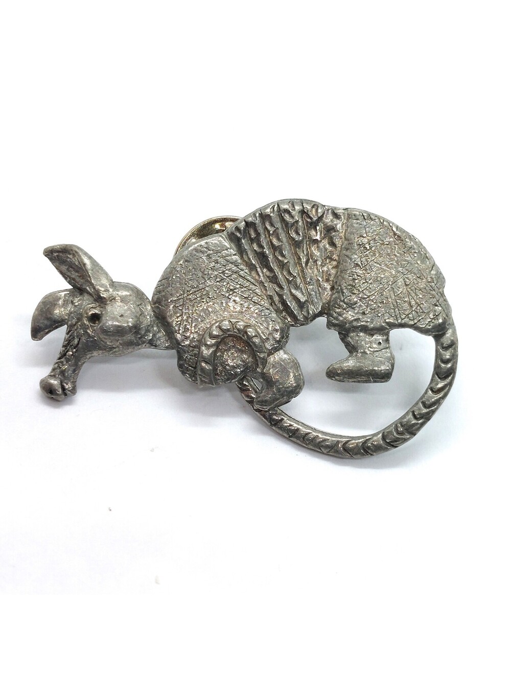 Vintage Armadillo Pin 3D Pewter Tone Texas Southwest Wildlife Curled Tail Lapel